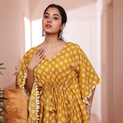 Mustard Yellow Polka Dot Printed Kaftan with Off-White Pom-Pom Lace