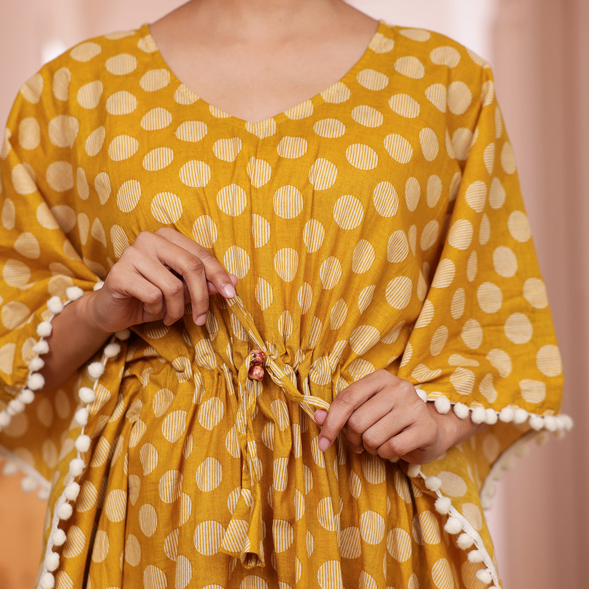 Mustard Yellow Polka Dot Printed Kaftan with Off-White Pom-Pom Lace
