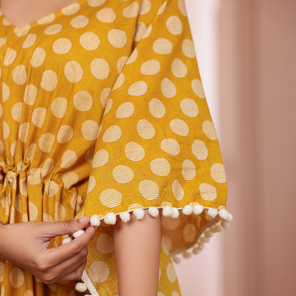 Mustard Yellow Polka Dot Printed Kaftan with Off-White Pom-Pom Lace