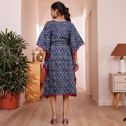 Indigo Zigzag Printed Kaftan with Dark Pink Pom-Pom Lace