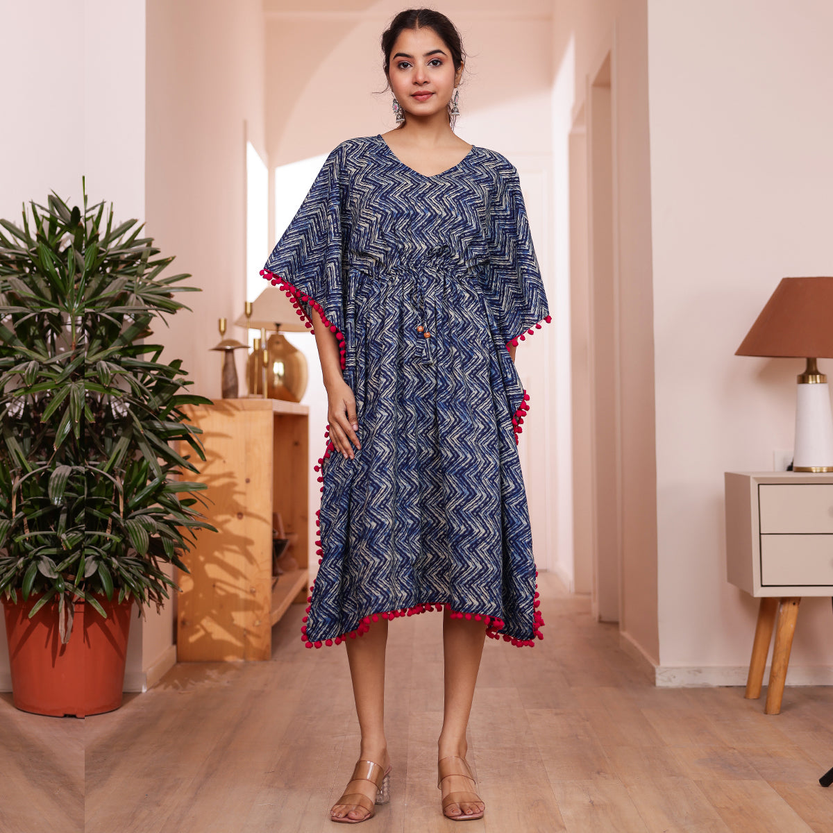 Indigo Zigzag Printed Kaftan with Dark Pink Pom-Pom Lace