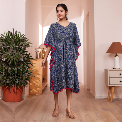 Indigo Zigzag Printed Kaftan with Dark Pink Pom-Pom Lace