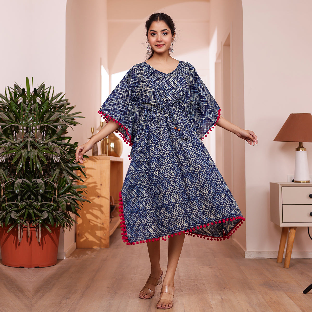 Indigo Zigzag Printed Kaftan with Dark Pink Pom-Pom Lace