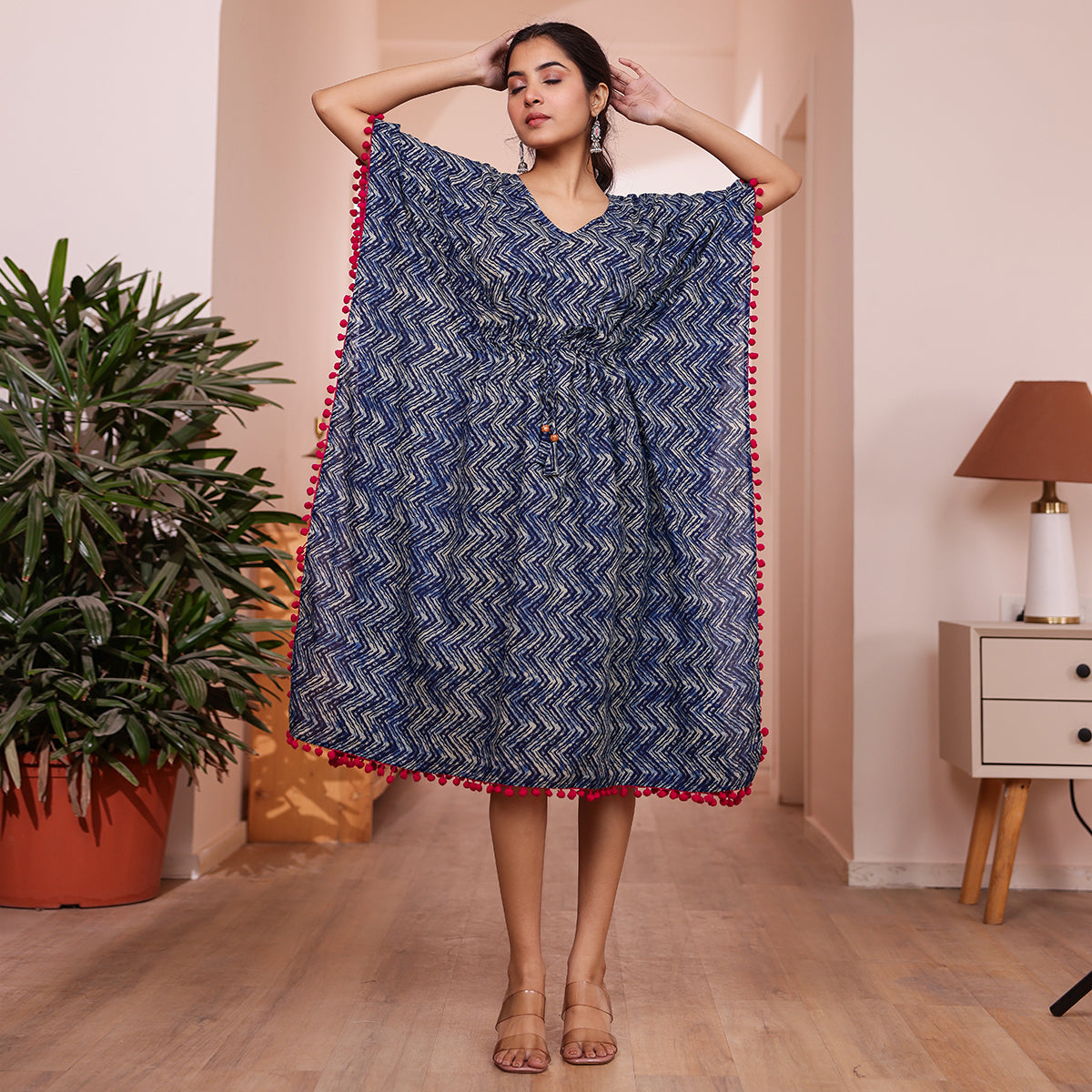 Indigo Zigzag Printed Kaftan with Dark Pink Pom-Pom Lace