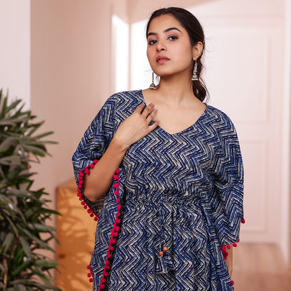 Indigo Zigzag Printed Kaftan with Dark Pink Pom-Pom Lace
