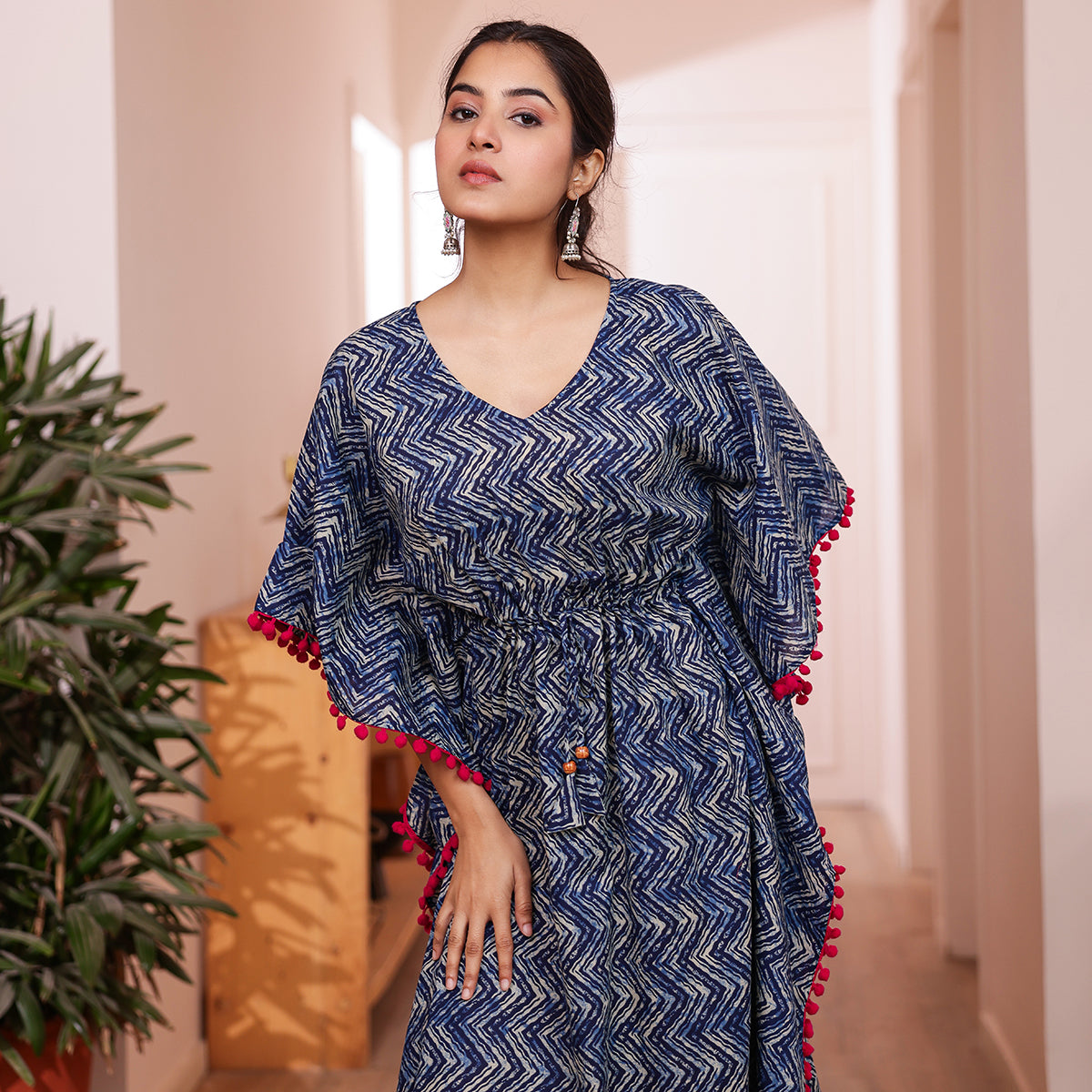 Indigo Zigzag Printed Kaftan with Dark Pink Pom-Pom Lace