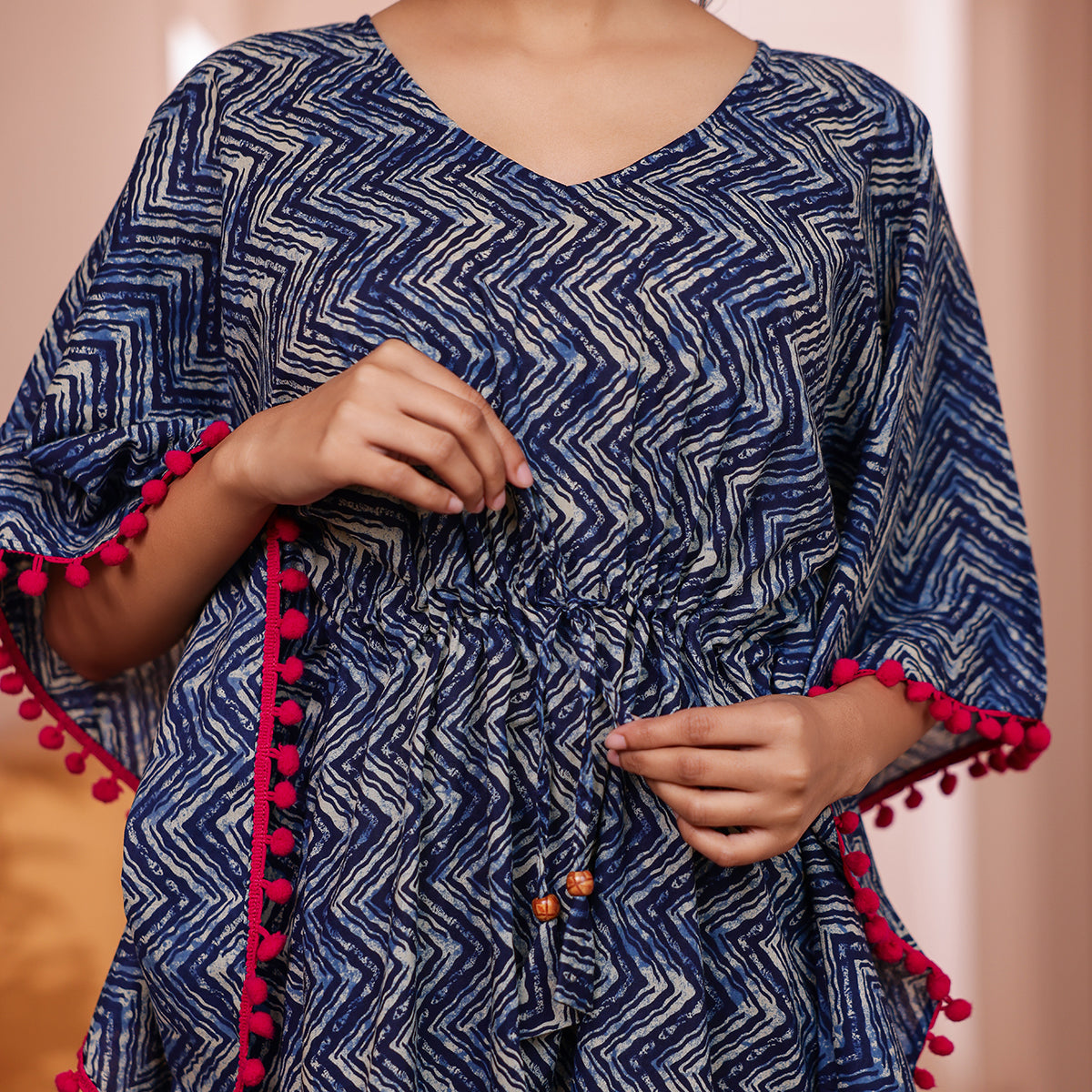 Indigo Zigzag Printed Kaftan with Dark Pink Pom-Pom Lace