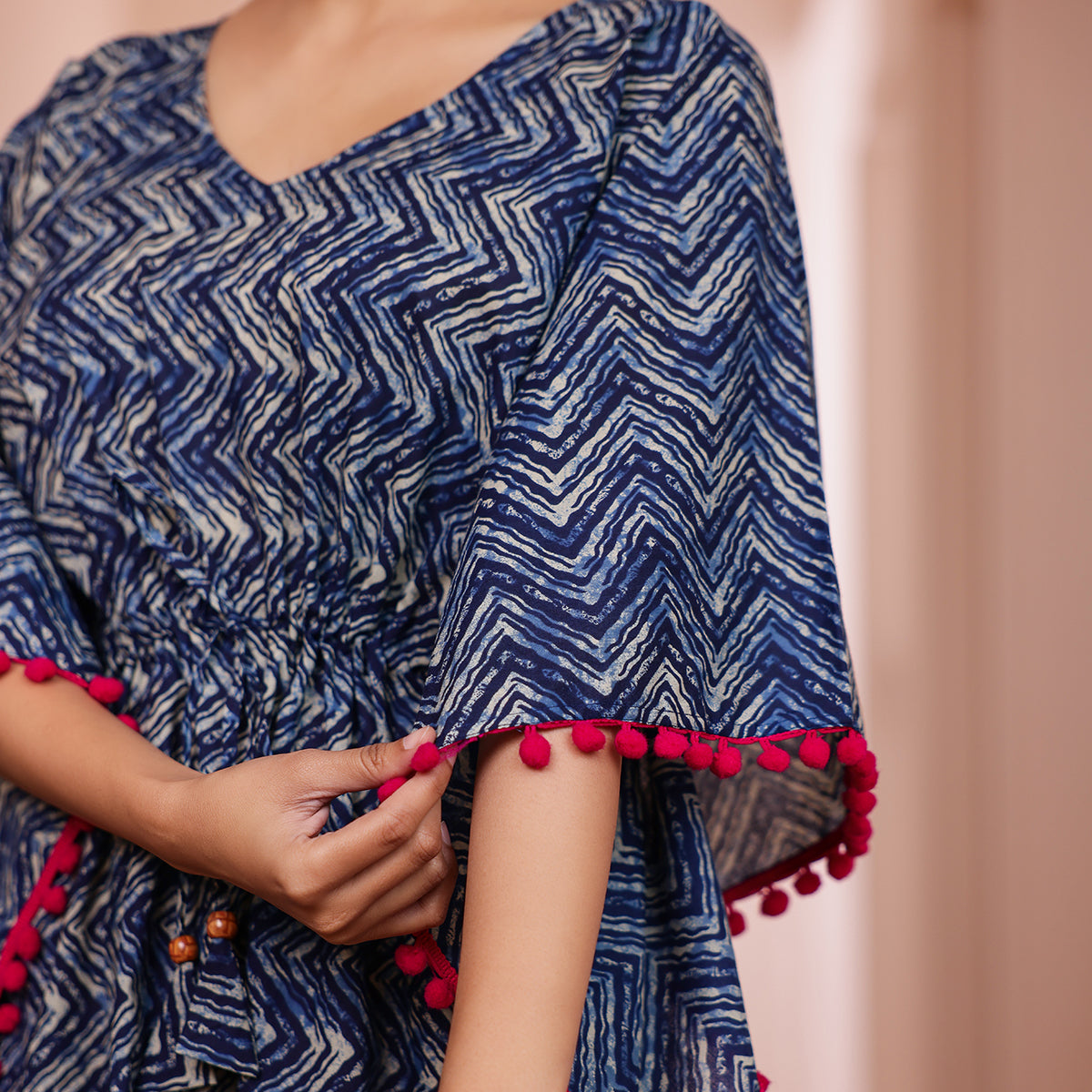 Indigo Zigzag Printed Kaftan with Dark Pink Pom-Pom Lace