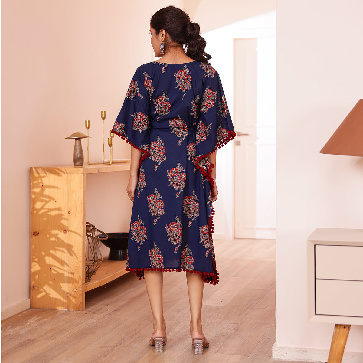 Navy Blue Motif Printed Kaftan with Maroon Pom-Pom Lace