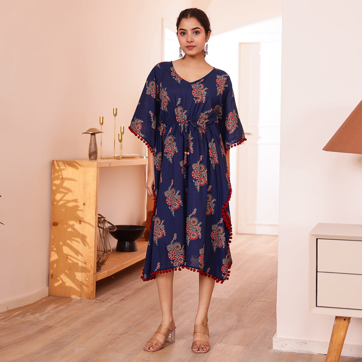 Navy Blue Motif Print Kaftan with Maroon Pom-Pom Lace
