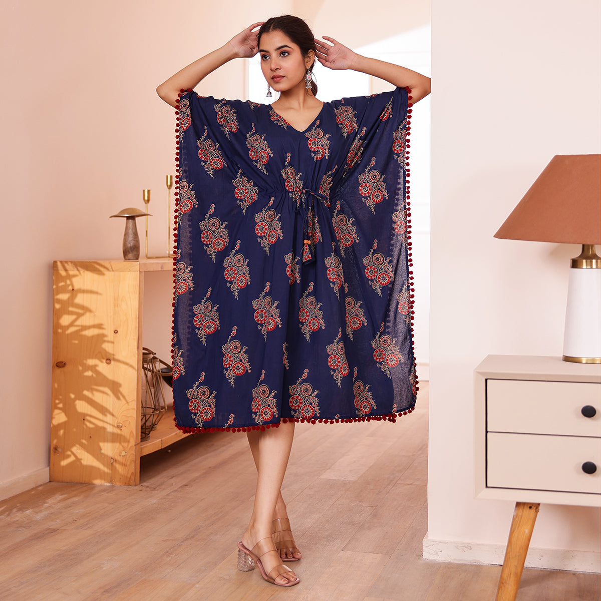 Navy Blue Motif Printed Kaftan with Maroon Pom-Pom Lace