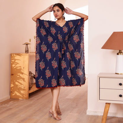 Navy Blue Motif Printed Kaftan with Maroon Pom-Pom Lace