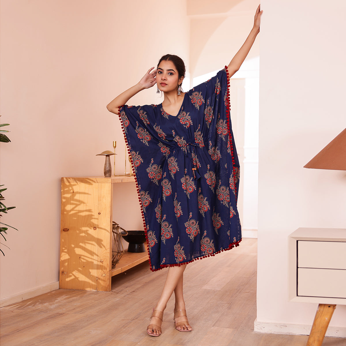 Navy Blue Motif Printed Kaftan with Maroon Pom-Pom Lace
