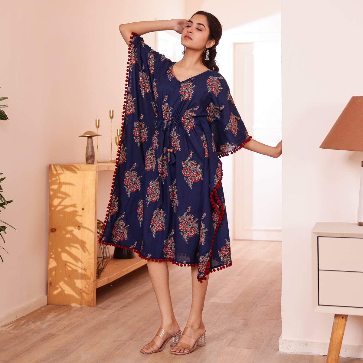 Navy Blue Motif Printed Kaftan with Maroon Pom-Pom Lace