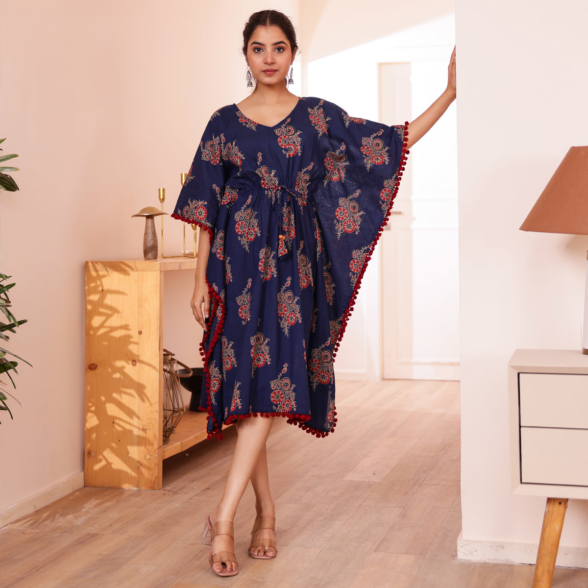 Navy Blue Motif Print Kaftan with Maroon Pom-Pom Lace