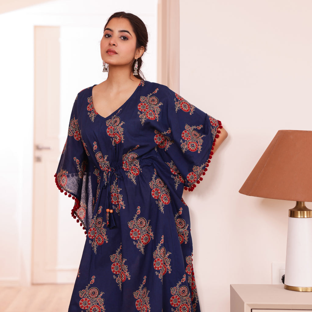 Navy Blue Motif Printed Kaftan with Maroon Pom-Pom Lace