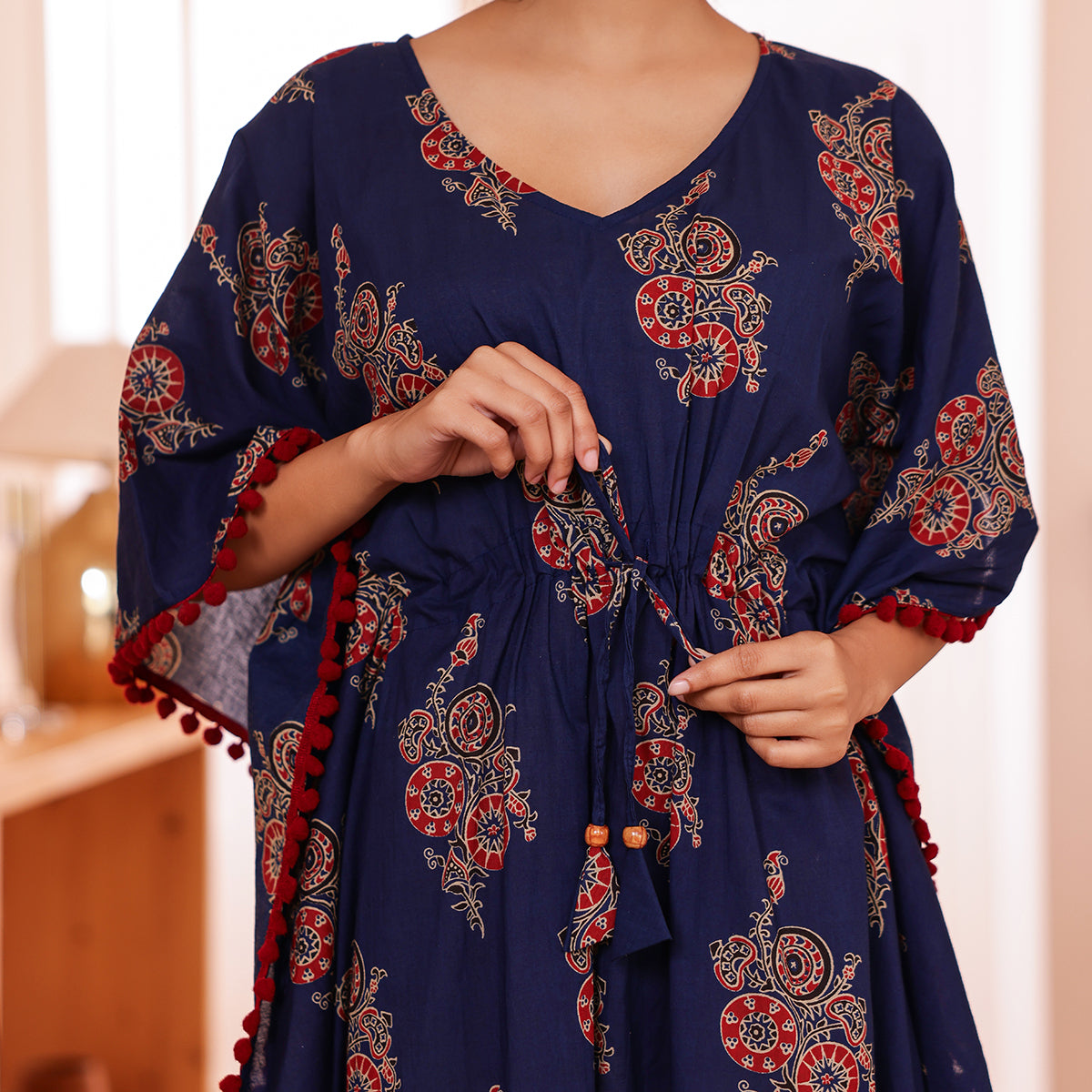 Navy Blue Motif Printed Kaftan with Maroon Pom-Pom Lace