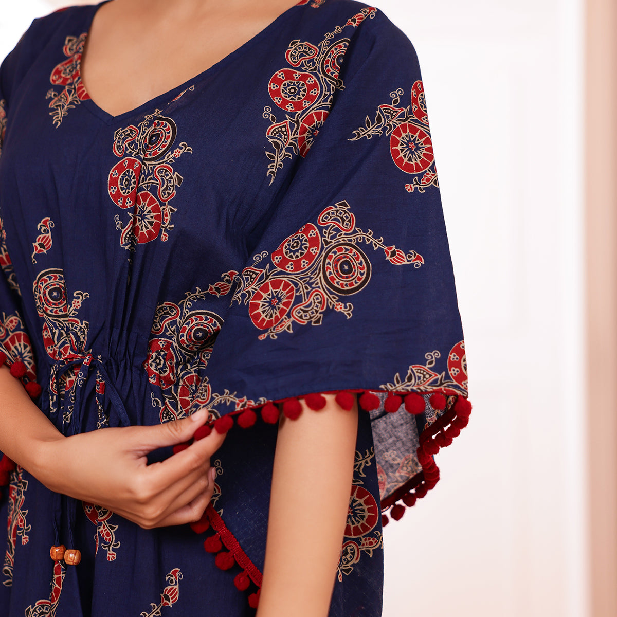 Navy Blue Motif Printed Kaftan with Maroon Pom-Pom Lace