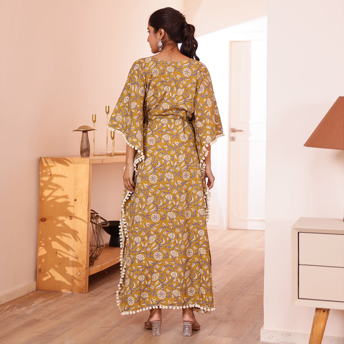 Mustard Floral Printed Long Kaftan with Off-White Pom-Pom Lace