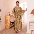 Mustard Floral Printed Long Kaftan with Off-White Pom-Pom Lace