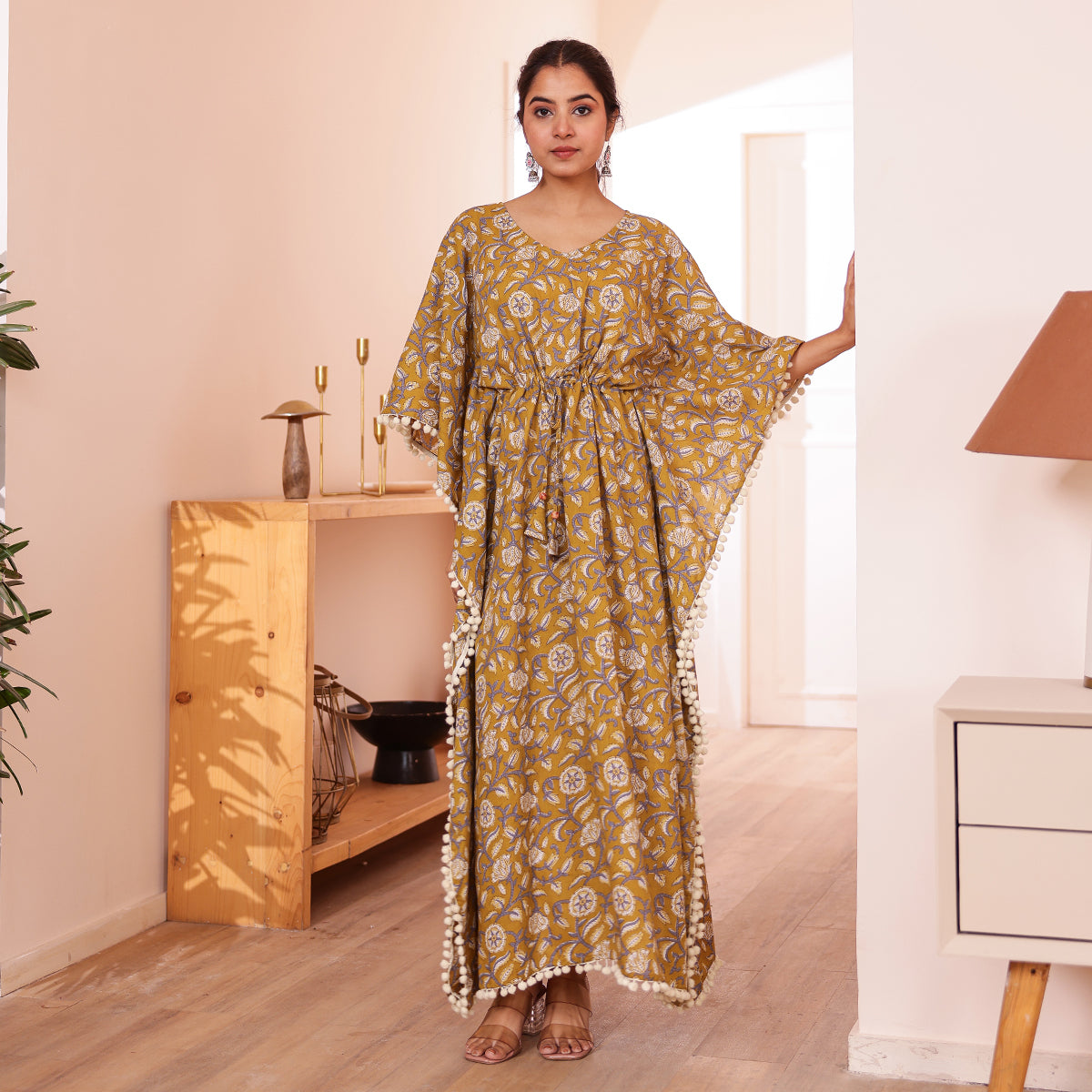 Mustard Floral Print Kaftan with Pom-Pom Lace