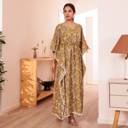 Mustard Floral Printed Long Kaftan with Off-White Pom-Pom Lace