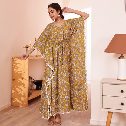 Mustard Floral Printed Long Kaftan with Off-White Pom-Pom Lace