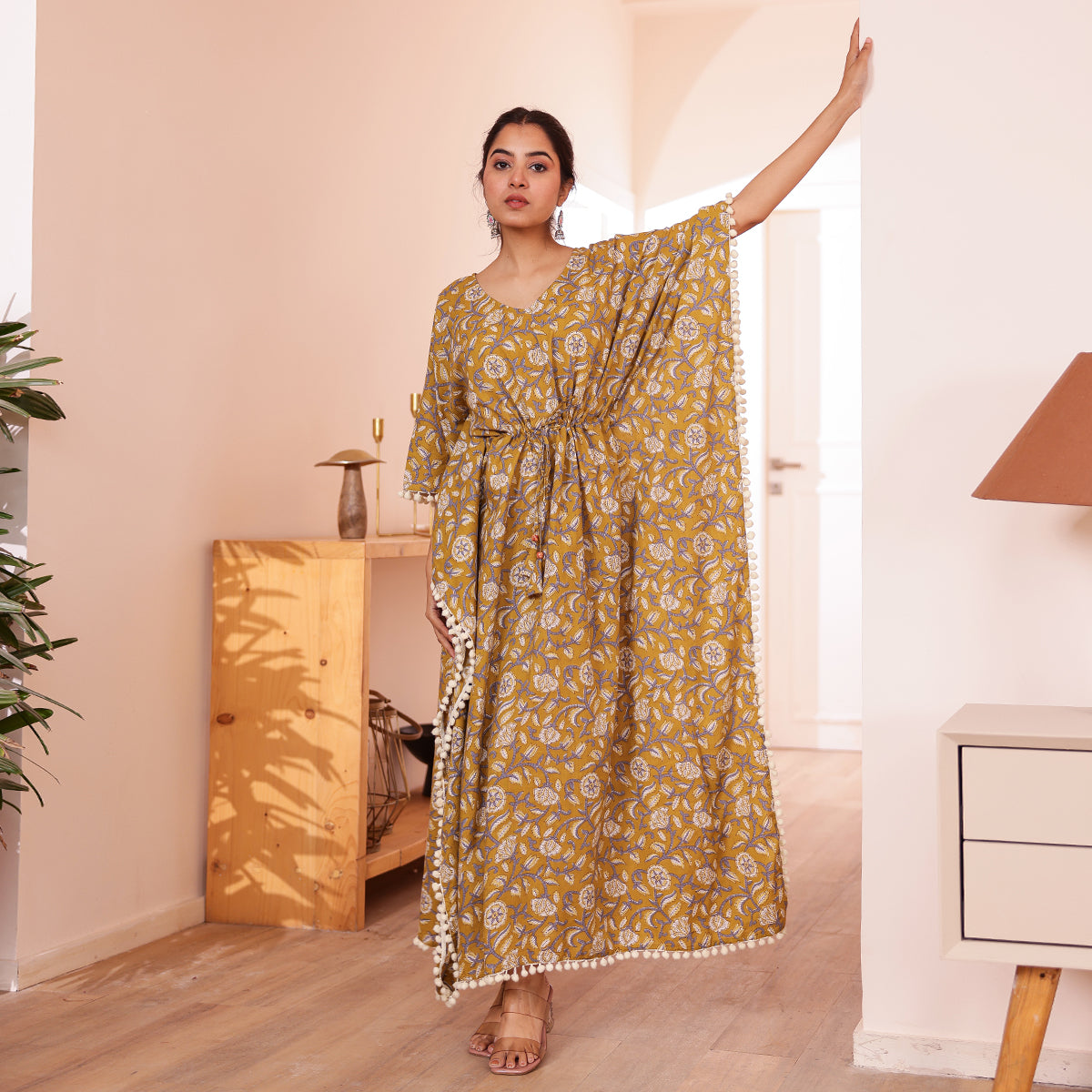 Mustard Floral Print Kaftan with Pom-Pom Lace