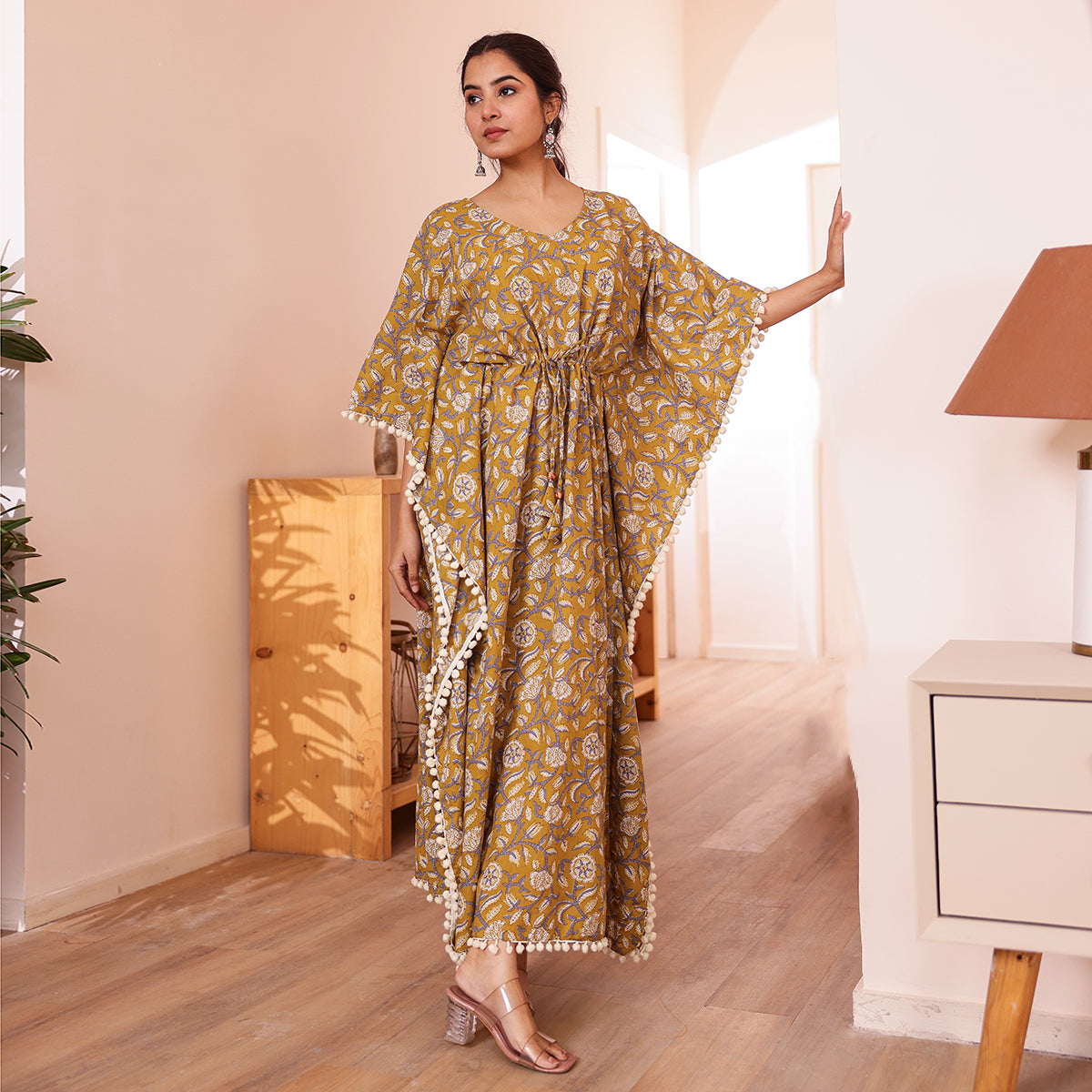 Mustard Floral Printed Long Kaftan with Off-White Pom-Pom Lace