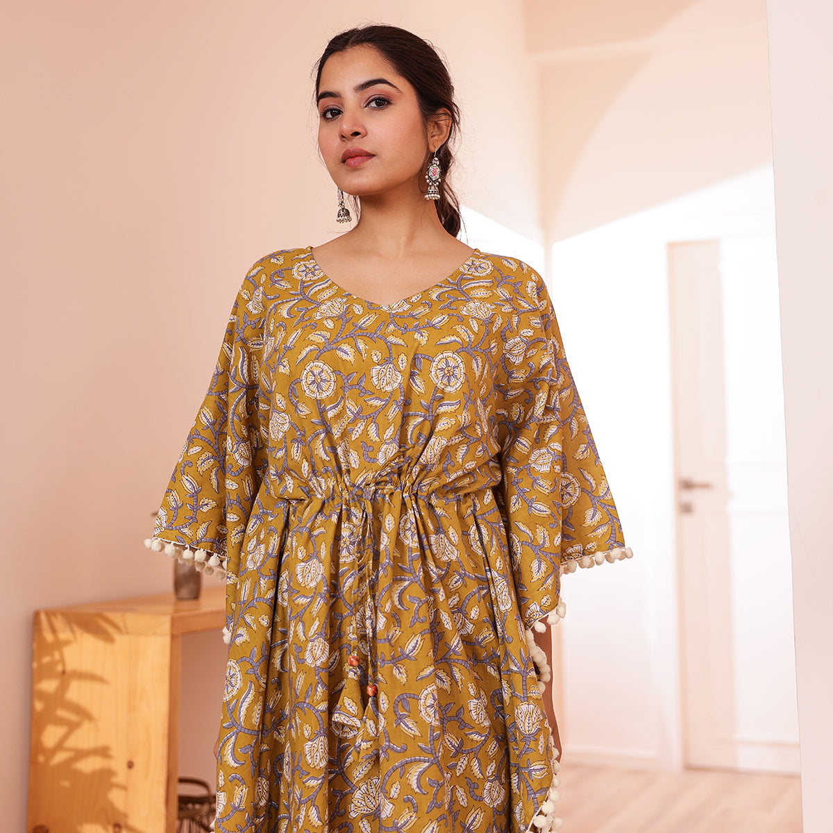 Mustard Floral Printed Long Kaftan with Off-White Pom-Pom Lace