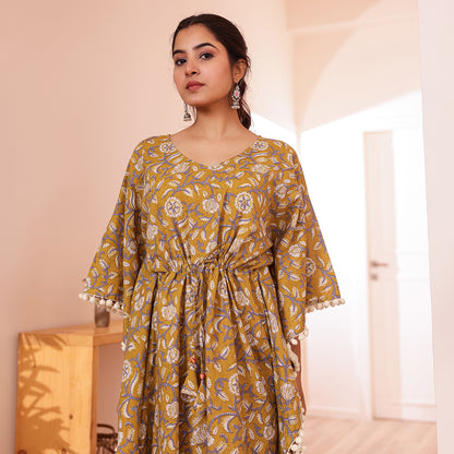 Mustard Floral Printed Long Kaftan with Off-White Pom-Pom Lace
