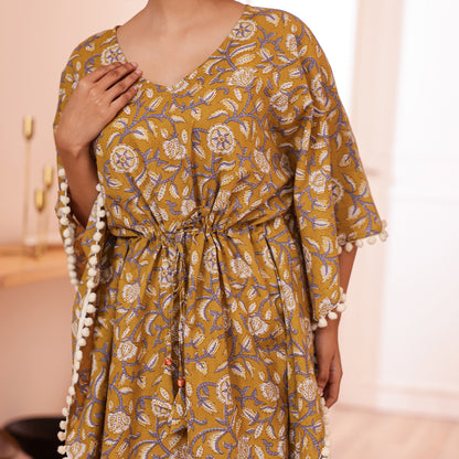 Mustard Floral Printed Long Kaftan with Off-White Pom-Pom Lace