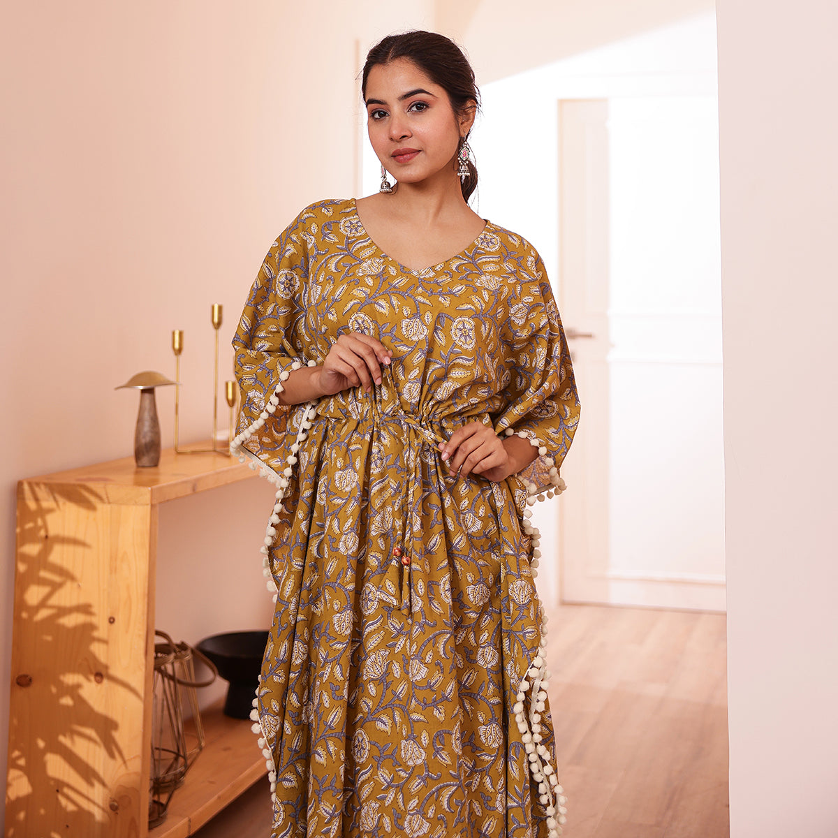 Mustard Floral Printed Long Kaftan with Off-White Pom-Pom Lace