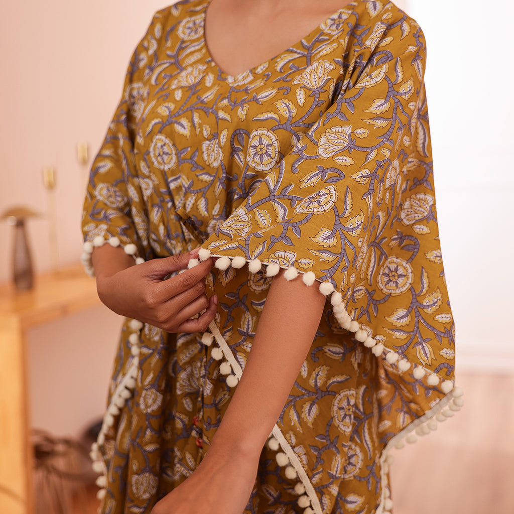Mustard Floral Printed Long Kaftan with Off-White Pom-Pom Lace