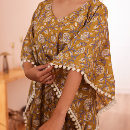 Mustard Floral Printed Long Kaftan with Off-White Pom-Pom Lace