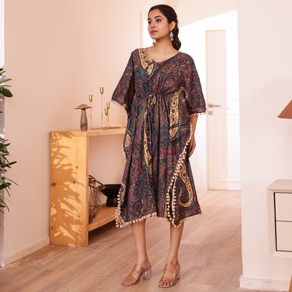 Brownish-Purple Paisley Printed Short Kaftan with Beige Pom-Pom Lace