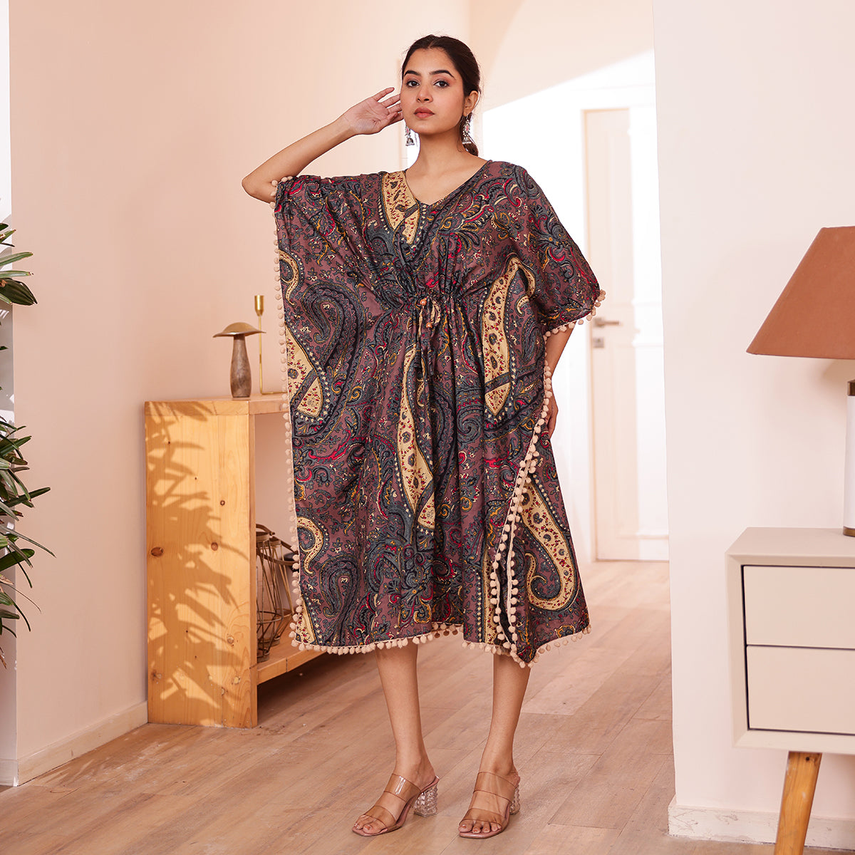Brownish-Purple Paisley Printed Short Kaftan with Beige Pom-Pom Lace