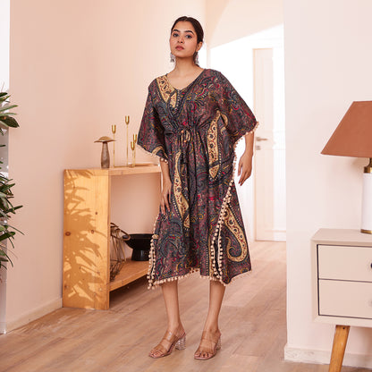 Brownish-Purple Paisley Printed Short Kaftan with Beige Pom-Pom Lace