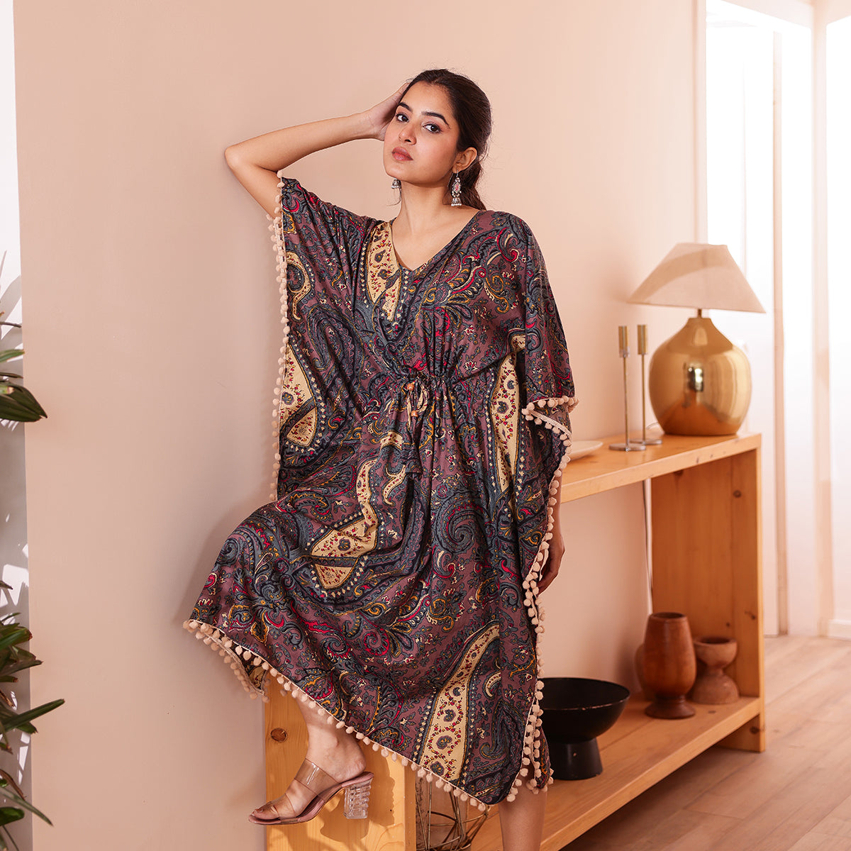 Brownish-Purple Paisley Printed Short Kaftan with Beige Pom-Pom Lace