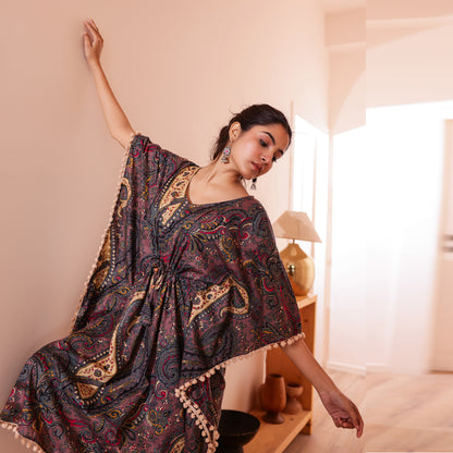 Brownish-Purple Paisley Printed Short Kaftan with Beige Pom-Pom Lace