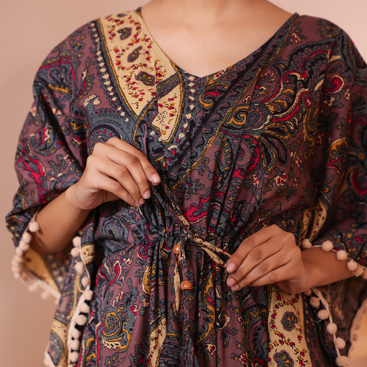 Brownish-Purple Paisley Printed Short Kaftan with Beige Pom-Pom Lace