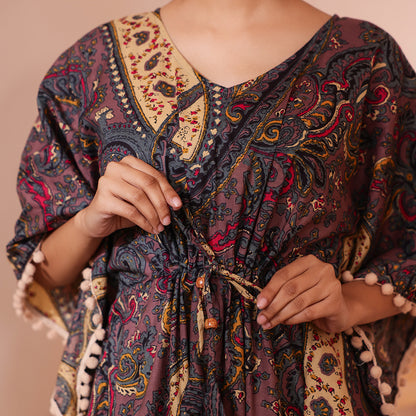 Brownish-Purple Paisley Printed Short Kaftan with Beige Pom-Pom Lace