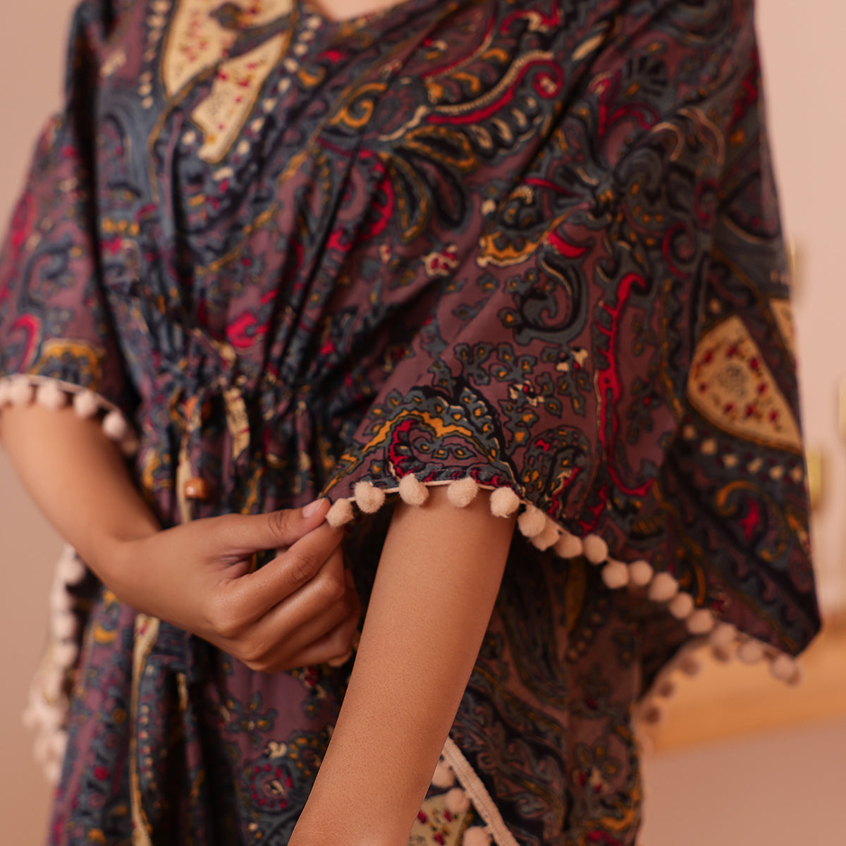 Brownish-Purple Paisley Printed Short Kaftan with Beige Pom-Pom Lace