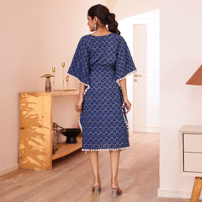 Blue Motif Printed Short Kaftan with Off White Pom-Pom Lace