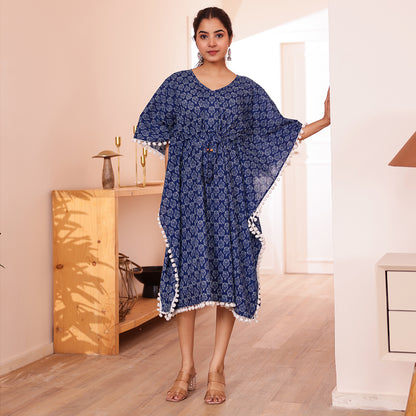 Blue Motif Printed Short Kaftan with Off White Pom-Pom Lace