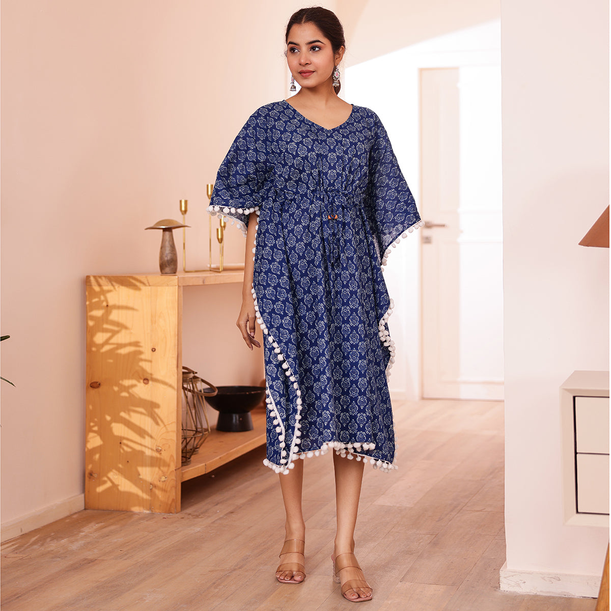 Blue Motif Printed Short Kaftan with Off White Pom-Pom Lace