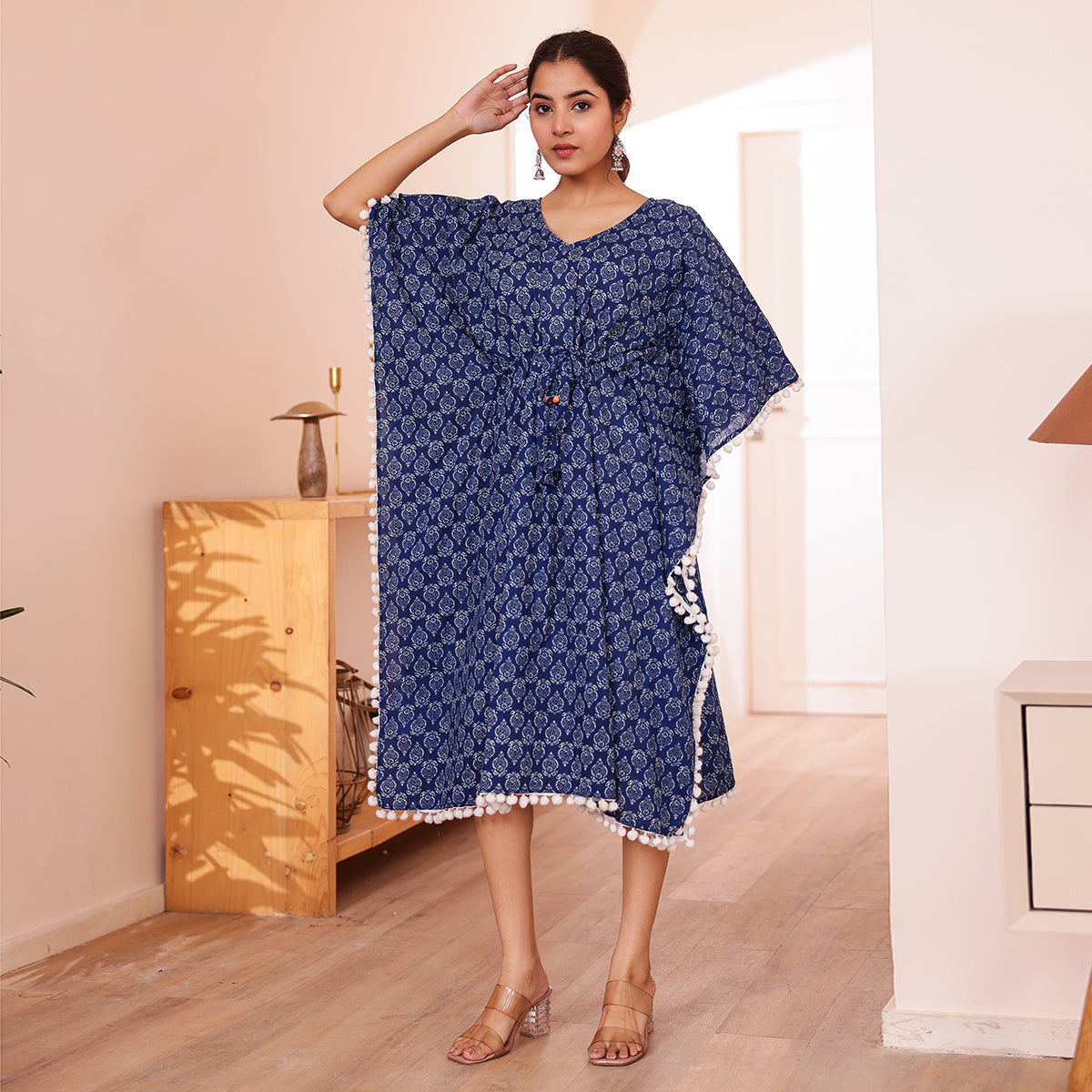 Blue Motif Printed Short Kaftan with Off White Pom-Pom Lace