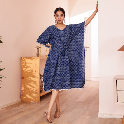 Blue Motif Printed Short Kaftan with Off White Pom-Pom Lace