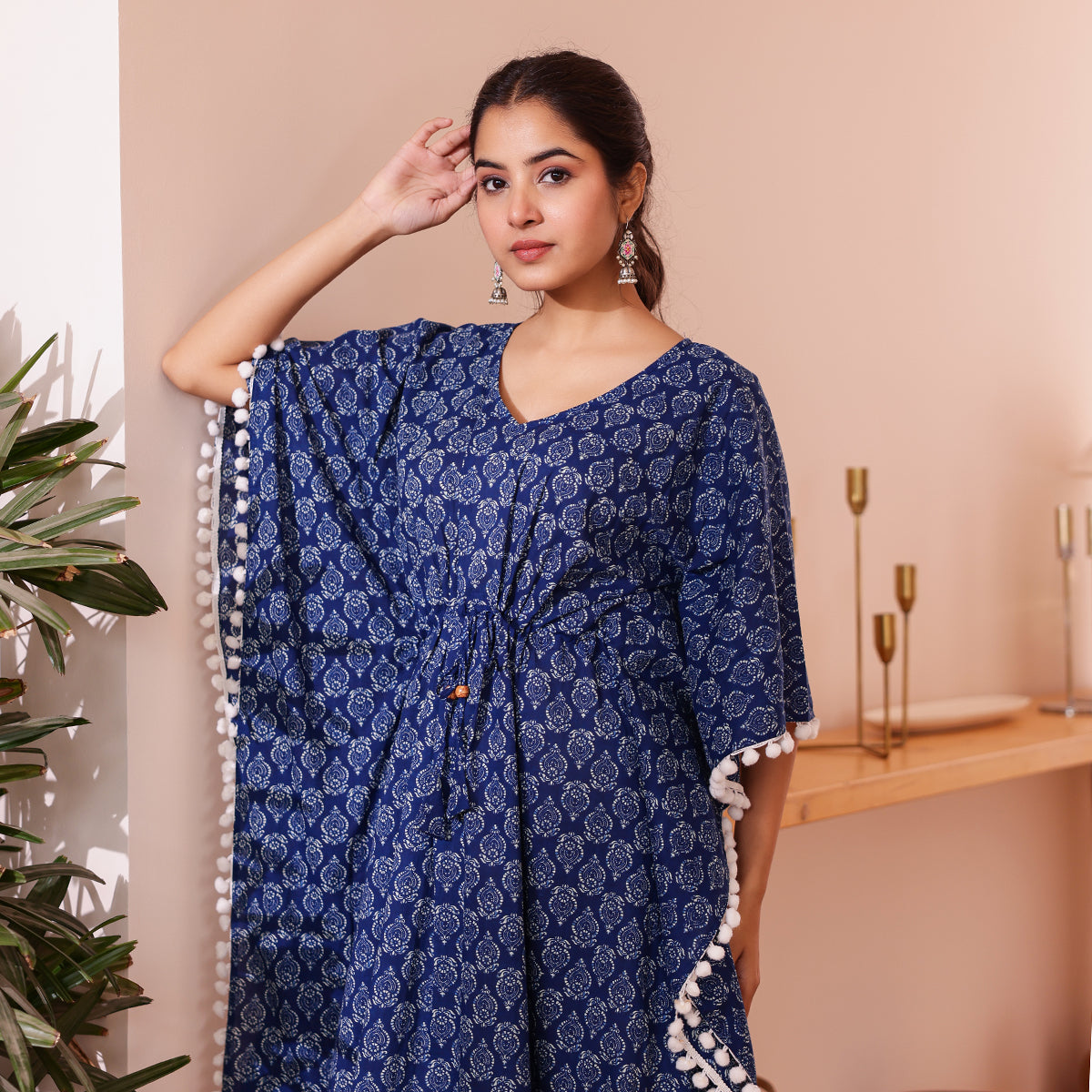 Blue Motif Printed Short Kaftan with Off White Pom-Pom Lace