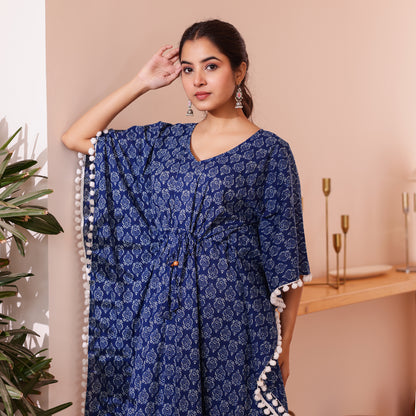 Blue Motif Printed Short Kaftan with Off White Pom-Pom Lace